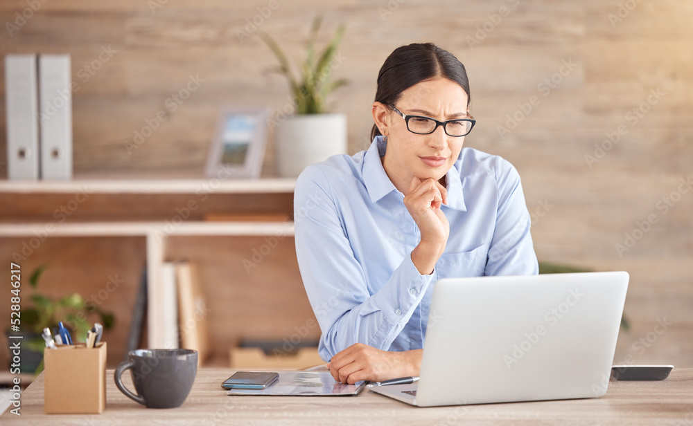 Thinking, solution and laptop business woman working, planning mind and strategy idea office technology. Serious, focus and expert entrepreneur reading online report, internet and question decision Thinking, solution and laptop business woman working, planning mind and strategy idea office technology. Serious, focus and expert entrepreneur reading online report, internet and question decision