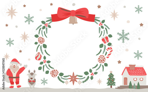 ナチュラルで可愛いクリスマスリースとサンタとトナカイの冬の街フレーム_クリスマスカラー_文字なし