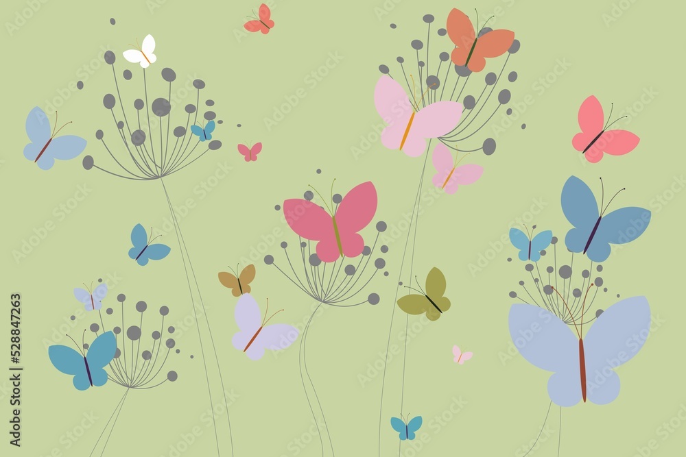 Fototapeta premium Colourful butterflies and dandelions