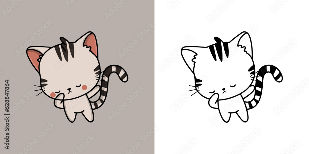 Set Clipart Cat Multicolored and Black and White. Kawaii Clip Art ...