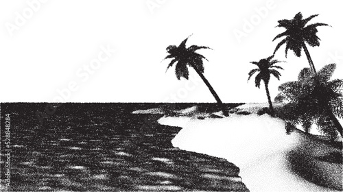 Beach or tropical island coast landscape with palm tree over sea in retro dotwork style.