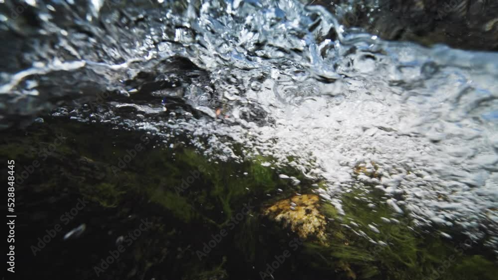 An over-under shot of the fast-flowing shallow river. Long, slimy weeds float in the crystal clear water following the current. Bubbles rise to the surface. An over-under shot of the fast-flowing shallow river. Long, slimy weeds float in the crystal clear water following the current. Bubbles rise to the surface.