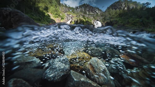 An over-under shot of the fast-flowing shallow river with a rocky bottom. Bubbles rush to the surface following the current. photo