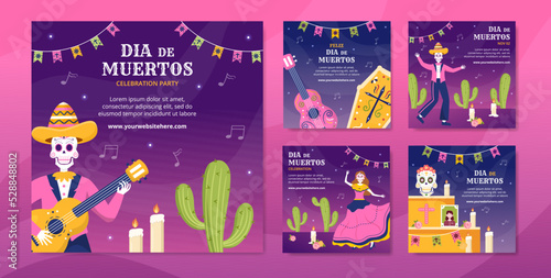 Dia De Los Muertos or Day of the Dead Social Media Post Template Hand Drawn Cartoon Illustration