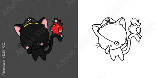 Cute Halloween Bombay Cat Clipart Illustration and Black and White. Funny Clip Art Halloween Kitty. Cute Vector Illustration of a Kawaii Halloween Animal in a Pirate Costume.
