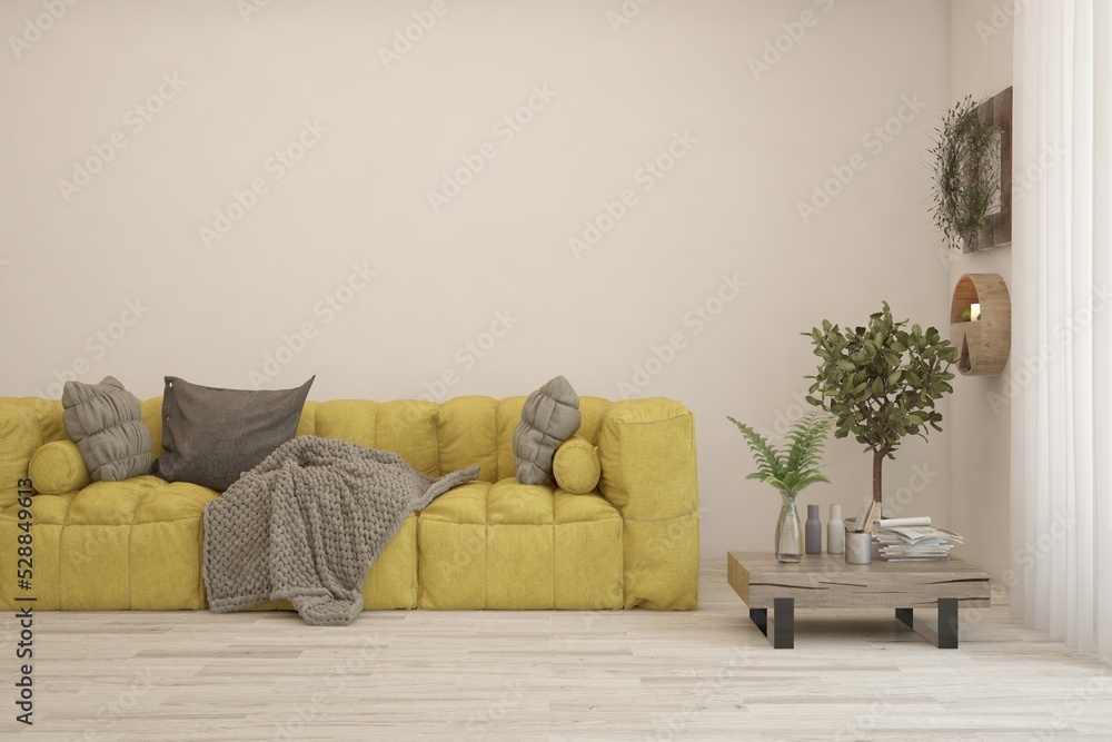 Fototapeta premium White living room with sofa. Scandinavian interior design. 3D illustration
