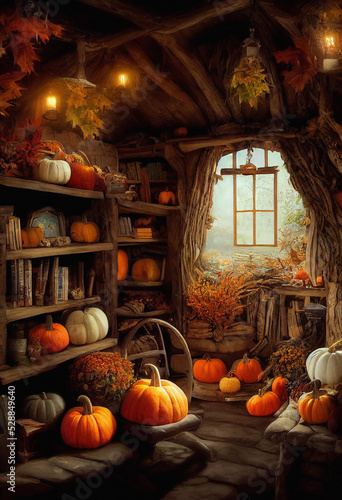 Cozy fantasy home interior with pumpkins  digital illustration