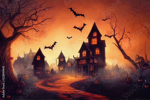 Spooky halloween background of ghost house with bats and jack-o-lanterns, digital illustration