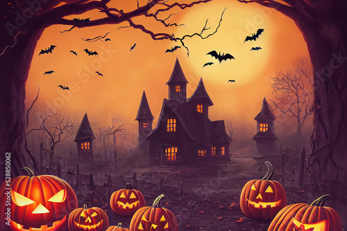 Evil house and creepy pumpkins, halloween background, digital illustration