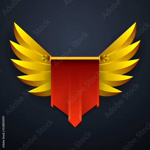 Fantasy red pennant flag banner with gold wings for game ui design