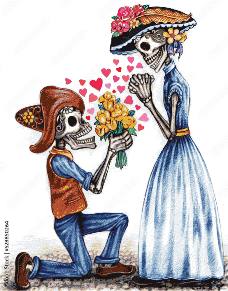 Art couple skull in love day of the dead. Hand drawing and make graphic vector.