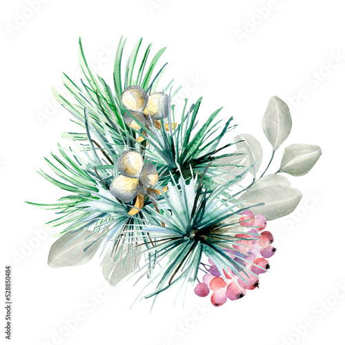 Christmas composition of coniferous branch, needles watercolor illustration isolated on white.