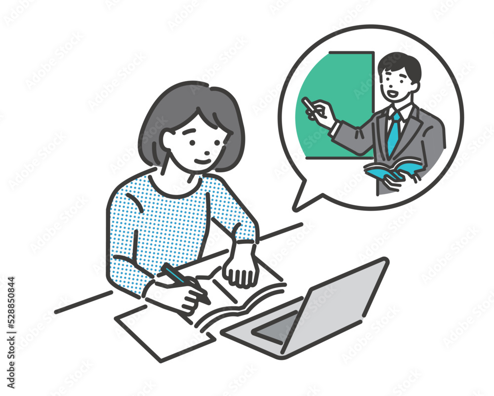 パソコンでリモート授業を受ける女子学生の冬服のベクターイラスト素材/私服/高校生/中学生/冬期講習 パソコンでリモート授業を受ける女子学生の冬服のベクターイラスト素材/私服/高校生/中学生/冬期講習