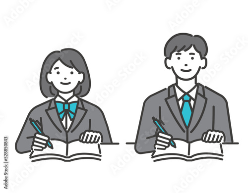 勉強をする冬服の男女の学生のベクターイラスト素材／制服／高校生／中学生／冬期講習