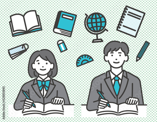 勉強をする冬服の男女の学生のベクターイラスト素材／制服／高校生／中学生／冬期講習