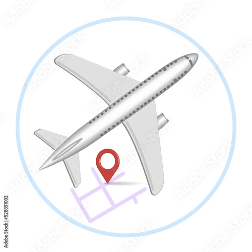 Airplane with location indication, online travel and tourism planning concept, 3d illustration. 