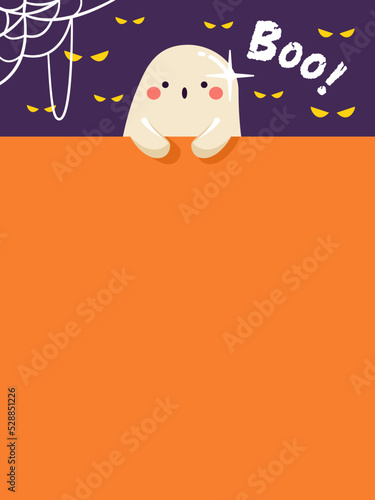 Halloween bald cute ghost peeking on the edge orange board. lovely and spooky cartoon character. Vector illustration flat design.