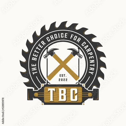 Premium quality carpentry logo emblem design illustration with hammer vector design, circular blade isolated, professional carpentry logo