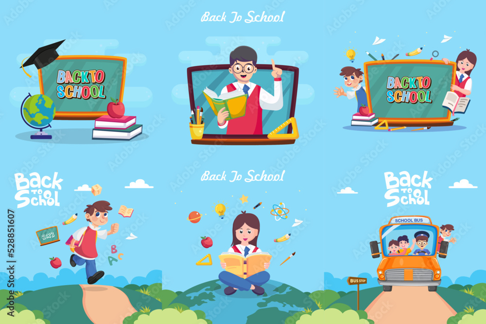 Naklejka premium Modern flat design of back to school illustration concept. Flat Style vector template suitable for Web Landing Page, Background.