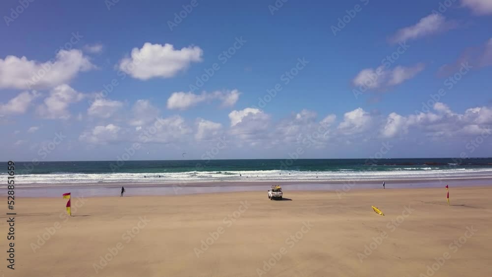 Scenic Landscape Of Godrevy Beach During Summer In Cornwall, England - wide shot Scenic Landscape Of Godrevy Beach During Summer In Cornwall, England - wide shot