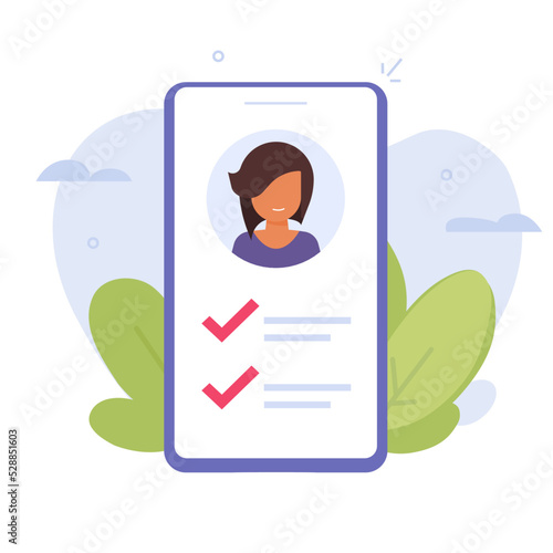 Vote survey online assessment of person user profile on phone vector or customer account verify graphic, experience skills quiz form for candidate or job cv check list review on cellphone illustration