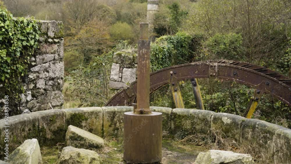Restored Waterwheels At The Historical Tregargus China Clay Quarry Near St Stephen, Cornwall, United Kingdom. Close Up Restored Waterwheels At The Historical Tregargus China Clay Quarry Near St Stephen, Cornwall, United Kingdom. Close Up