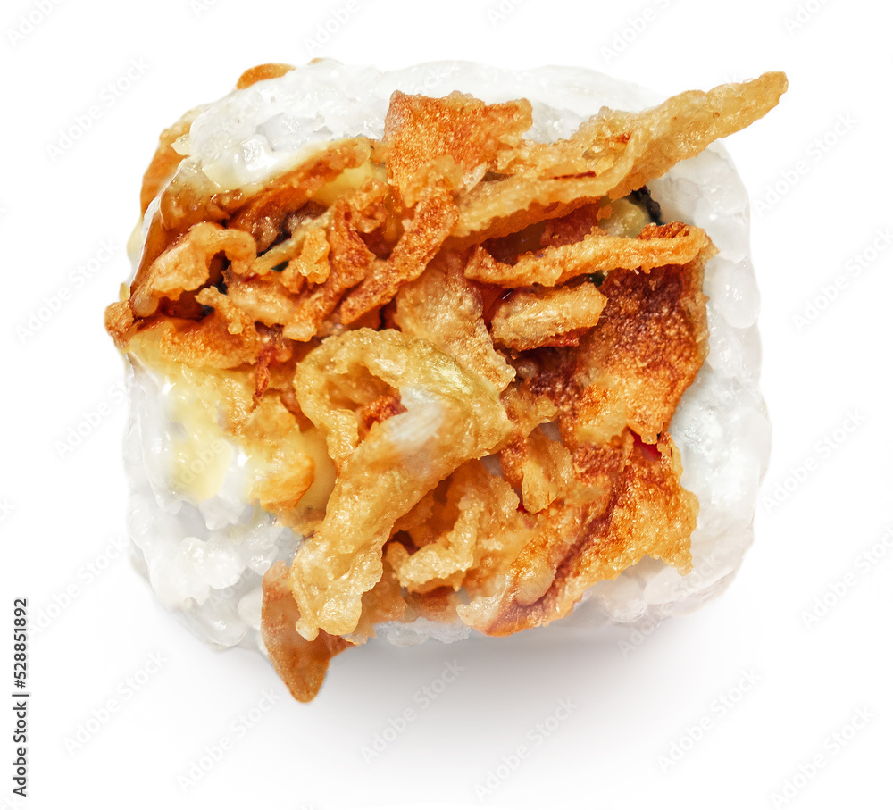 Sushi with crispy onion isolated on white background. Top view. Flat lay. Japan restaurant menu.. Sushi with crispy onion isolated on white background. Top view. Flat lay. Japan restaurant menu..