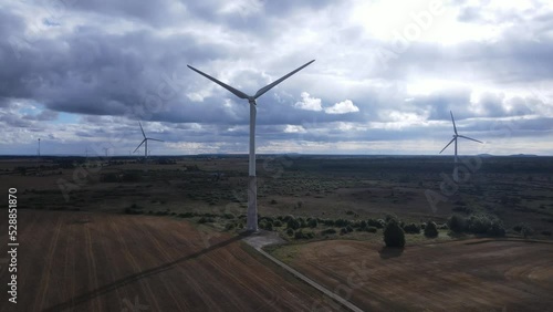 Wind power in a field on a sunny day, drone shot 4K photo