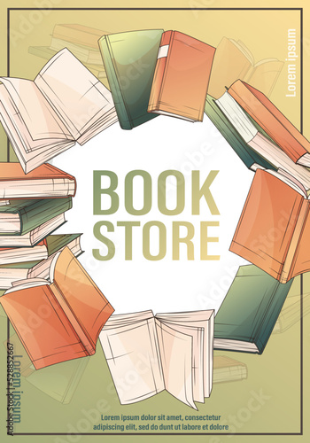 Vector poster illustration from open book, stack of books for bookstore, library. Bookstore, bookshop, book lover, education concept. Illustration for poster, banner, advertising, flyer, cover.