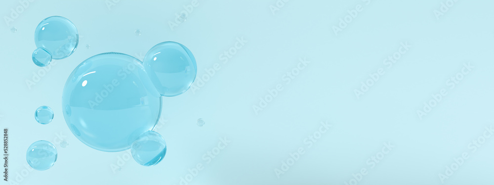 3d rendering of glass liquid soap bubble water background blue.