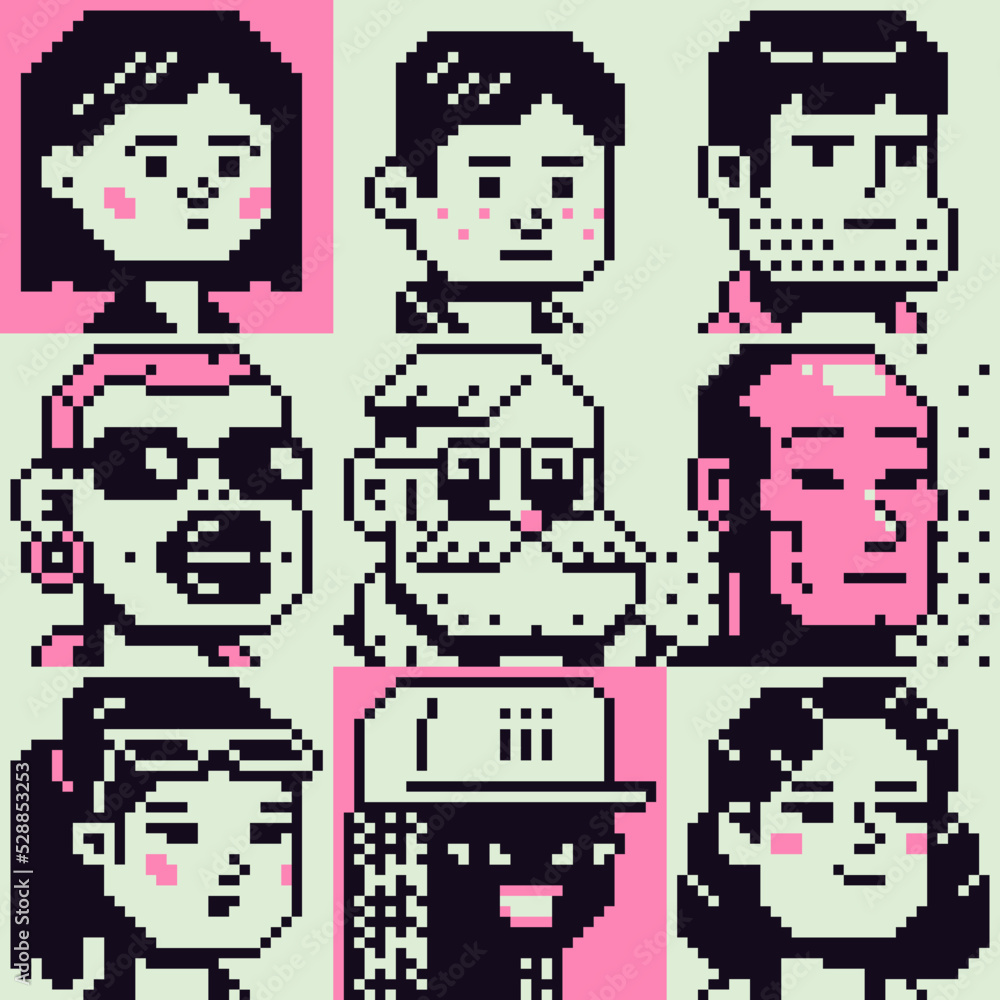 Pixel art different avatar profile characters set. 80s video game sprites. Various people characters, girls and men. Male and female faces, user pic. Isolated vector illustration. Sticker design.