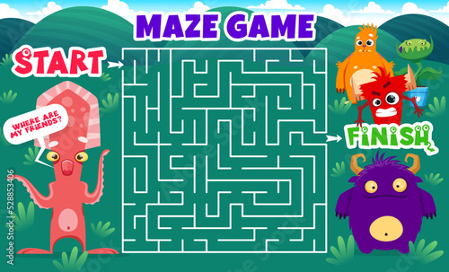Labyrinth maze. Cartoon monster characters. Search path playing activity page or kids labyrinth game vector worksheet with squid, fluffy beast and evil devil, cute yeti, angry plant monster personages