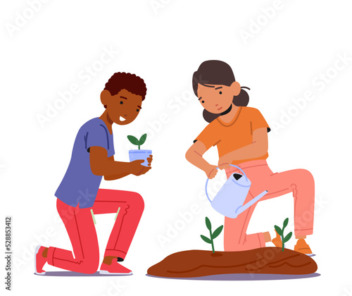 Children Doing Gardening Works at House Yard, Preschool or Kindergarten. Happy Kids Characters Boy and Girl Planting