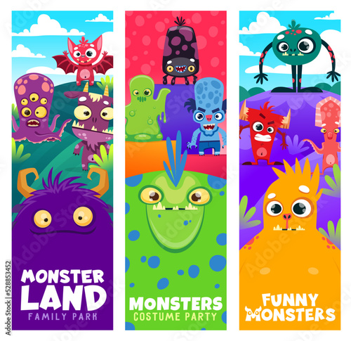 Cartoon monster characters. Vertical backgrounds or vector banners with funny baby bat, alien five eyed octopus and blue zombie, angry devil, cute orange yeti and squid silly monsters personages