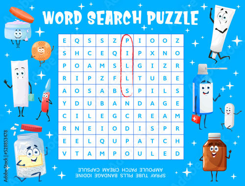 Cartoon ointment, medication and tablets characters, vector word search puzzle game worksheet. Kids quiz grid, education game with smiling pill bottle, spray, capsule and plaster, cream tube, ampoule