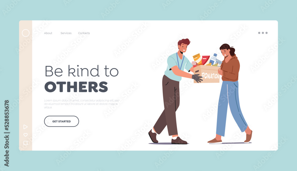 Food Donation Landing Page Template. Social Help to People in Need, Assistance Concept. Kind Volunteer Giving Aid Box Food Donation Landing Page Template. Social Help to People in Need, Assistance Concept. Kind Volunteer Giving Aid Box