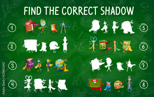 Find the correct shadow of cartoon school education superhero characters. Silhouette find vector puzzle worksheet with book, magnifying glass, sharpener and compass, backpack, eraser funny personages