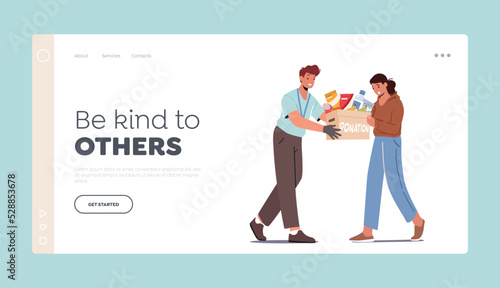 Food Donation Landing Page Template. Social Help to People in Need, Assistance Concept. Kind Volunteer Giving Aid Box