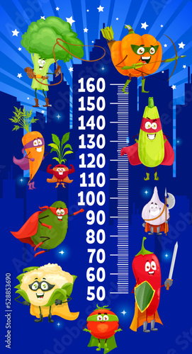 Kids height chart with cartoon vegetable superheroes growth meter. Vector stadiometer with veggies super hero broccoli, pumpkin, squash, garlic, chili, tomato, cauliflower, avocado, carrot and radish