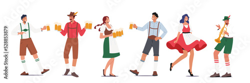 Set Traditional German Oktoberfest. Male and Female Characters Wear Bavarian Costume and Dress Holding Beer Mugs