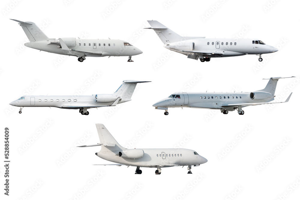 Set of five different white business jets isolated on white background