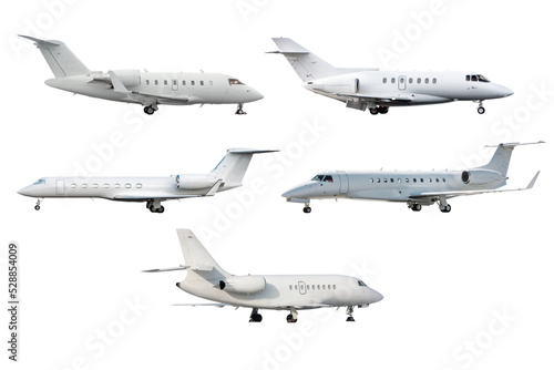 Set of five different white business jets isolated on white background
