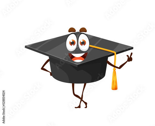 Cartoon cute student cap character with tassel. Isolated vector mortar board cap personage. University academic graduation black hat, symbol of education, high school or college bachelor headwear