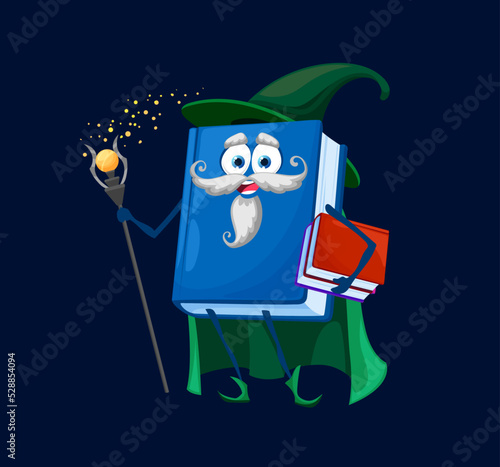 Cartoon school textbook wizard, mage, warlock or sorcerer character. Cute vector book personage wear cloak and witch hat holding magic staff and spellbooks. Isolated funny alchemist bestseller