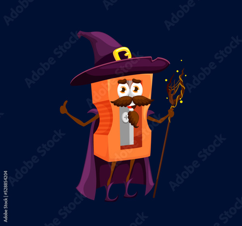 Cartoon school sharpener wizard, warlock or sorcerer character. Vector office supplies, stationery for sharpening pencils funny personage in purple cloak and witch hat stand with magic staff in hand