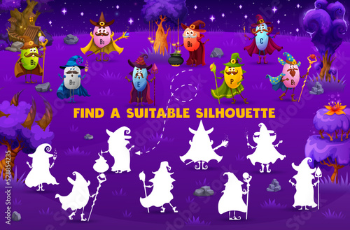 Find a correct silhouette of cartoon vitamin wizard and mage characters. Similarity search quiz or matching kids puzzle game vector worksheet with B, D, K and C, E vitamin sorcerer cheerful personages