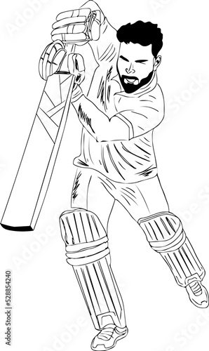 Cricket Batsman vector, Cricket Batsman playing straight drive shot outline sketch drawing, Cricket batsman cartoon doodle art