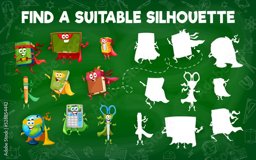 Find a suitable silhouette of cartoon school education superhero characters. Similarity search vector puzzle worksheet with pencil, blackboard and notebook, calculator, globe and scissors personages