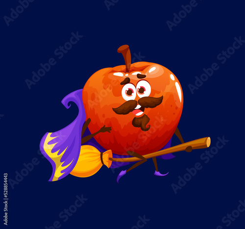 Cartoon Halloween red apple witch, wizard or sorcerer character. Ripe vector funny fruit in purple cloak flying on broom. Smiling fairy tale personage, isolated healthy food wiz, apple on broomstick