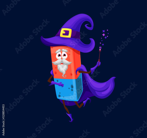 Cartoon school eraser mage, wizard or warlock character. Isolated vector office stationery enchanter Halloween personage in violet cape and witch hat with magic wand in hand. Tool for erasing writings